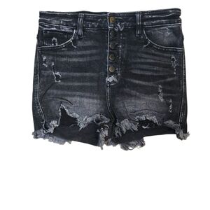Kancan Ultra High Rise Black Distressed Button Front Denim Cut Off Shorts 26